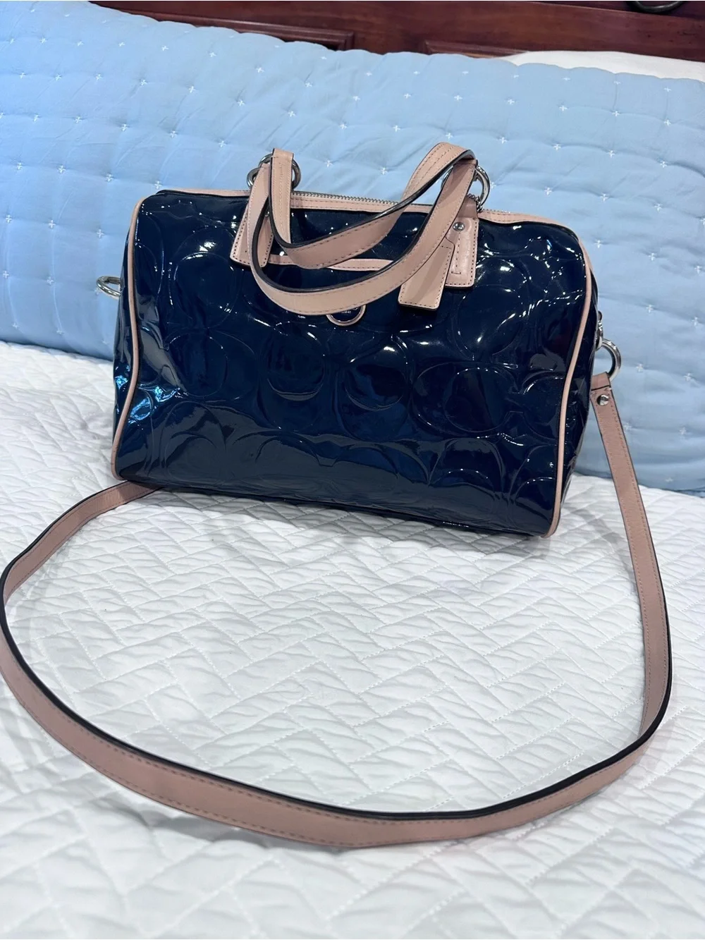 Coach Patent Leather Satchel with tan Trim - Navy Patent